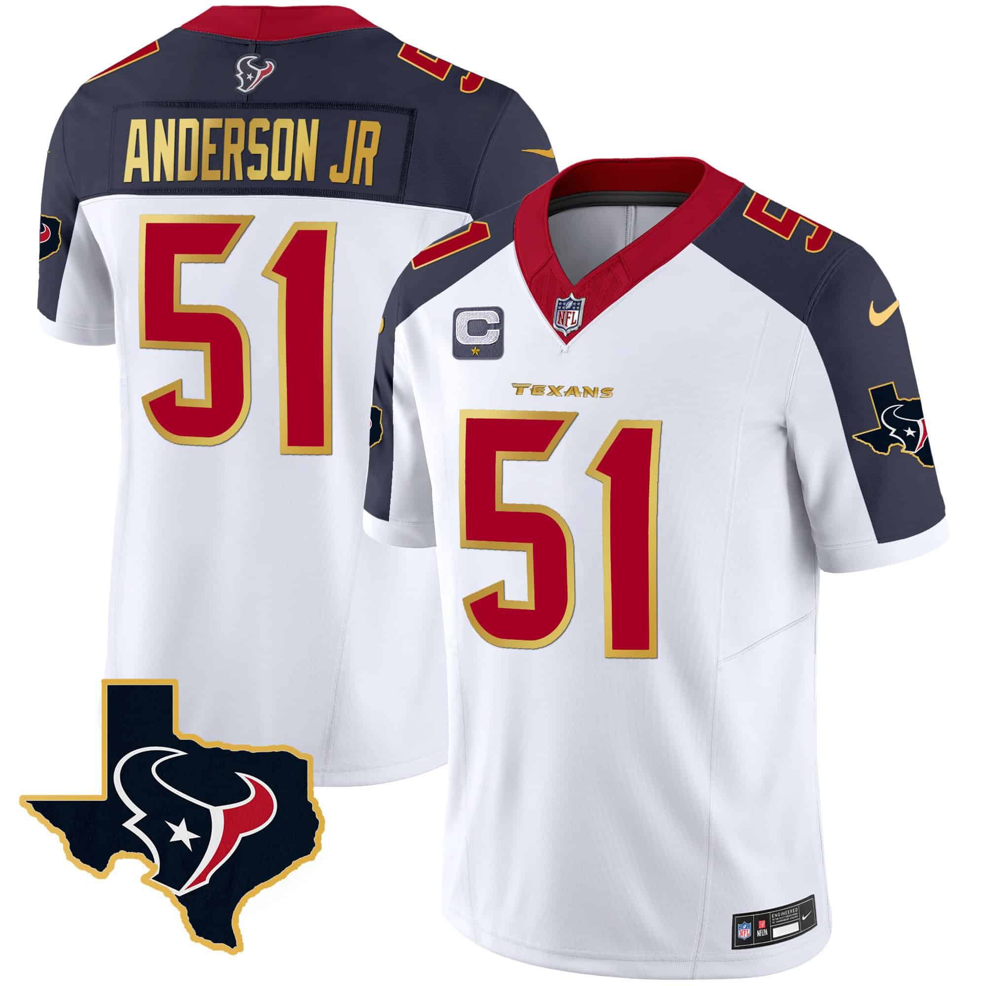 Men Houston Texans #51 Anderson jr White Gold 2024 Nike Trim Vapor NFL Jersey style 2